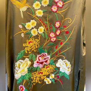 Anthropologie Floreat Army Green Silk Embroidered Floral Kimono Duster O/S